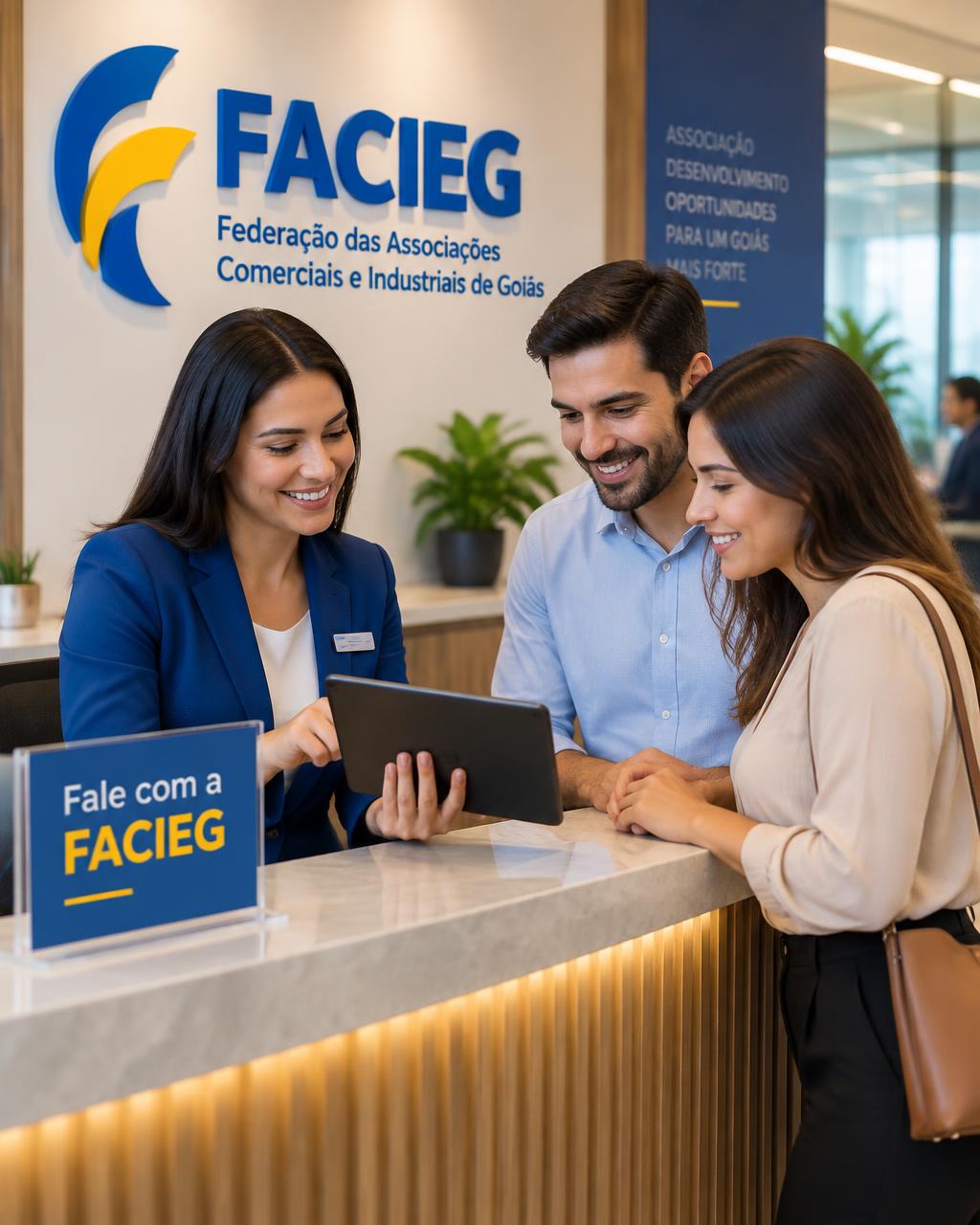 Atendimento FACIEG: recepcionista orientando visitantes no preenchimento do formulário de contato